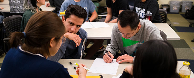 Students group discussing in a classroom